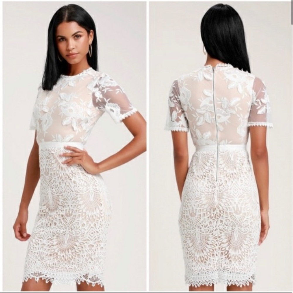Lulu’s Crochet Lace Mesh Overlay Floral Midi Dress